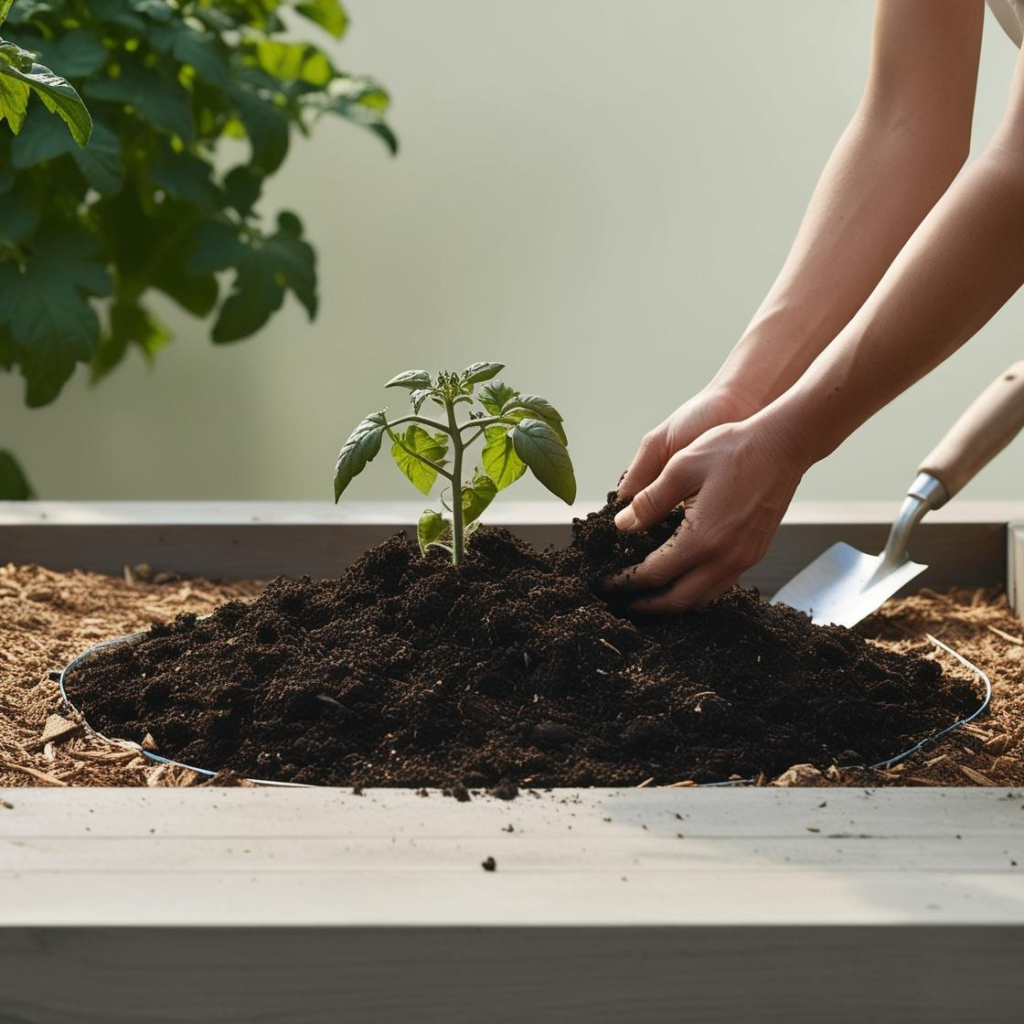 A garden scene showing tomato plants being spaced appropriately in well-organized rows, with some plants staked or supported by cages. The plants should be spaced at least 18 inches apart, demonstrating proper spacing for indeterminate tomato varieties. A gardener is gently planting or adjusting the position of the plants, with a focus on healthy roots being buried in nutrient-rich soil. The image should convey a sense of order and care, highlighting the importance of proper spacing and planting depth.